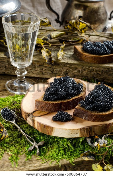 Russian food. Sandwiches with black caviar. Black\
bread. Vodka. vintage shot glass. silverware. The old Board and\
moss. Autumn withered\
leaves.