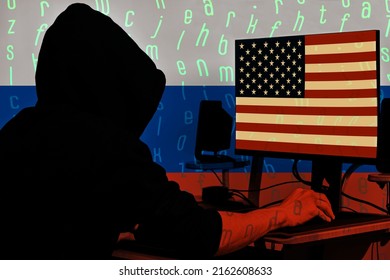 Russian hacker attacks America. Information war between west and east. Russia vs USA. Confrontation of two powers.