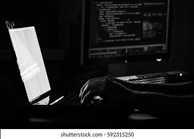 Russian hacker hacking the server in the dark Black and white