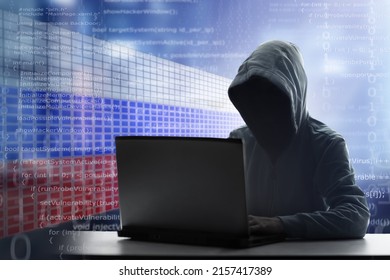Russian hacker at laptop. Malware and virus danger from Russia. Man in hoodie and dark mask hacking. Dark net and cyber crime. Identity theft. Criminal at work. Troll army.