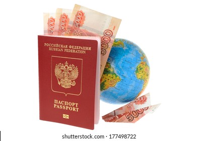 Russian International Passport With Money, Globe And Origami Plane Made From Money Isolated On White Background