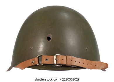 Russian Invasion In Ukaraine 2022. Old Type Russian Army Helmet With Three Bullet Holes. Isolated On White Background.