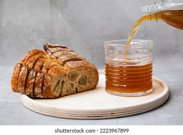 
Russian kvass on a board with bread