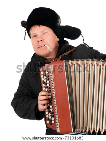 Russian man with accordion,red-neck.isolated on white background