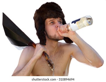 Russian Man In Fur Hat With Balalaika Drinks Vodka From Bottle