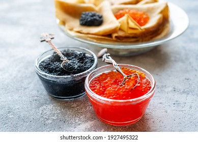Russian Maslenitsa, pancakes with red and black caviar