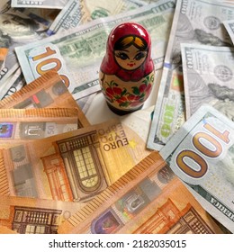 Russian Matryoshka Doll Against US Dollar And European Union Euro Currencies