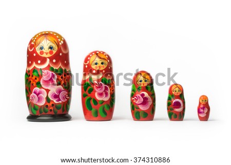 Russian matryoshka - each of a set of brightly painted hollow wooden dolls of varying sizes, designed to nest inside one another