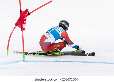 Russian Mens Alpine Skiing Championship, Giant Slalom. Mountain Skier Alexey Ovchinnikov Krasnoyarsk Region Skiing Down Snowy Mountain Slope. Kamchatka, Russian Far East - April 2, 2019