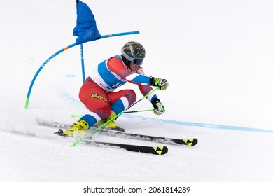 Russian Men's Alpine Skiing Championship - Giant Slalom. Mountain Skier Konstantin Ryabitsa Moscow Region Skiing Down Snow Mountain Slope. Kamchatka, Russian Federation - April 2, 2019