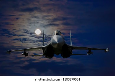 Russian Military Aircraft In The Sky On A Moonlit Night