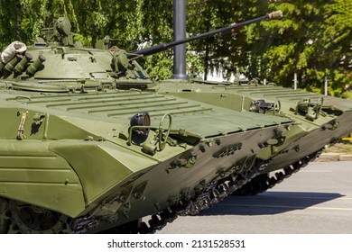 Russian military vehicles on the city street. Russian modern military armored personnel carrier BTR.
