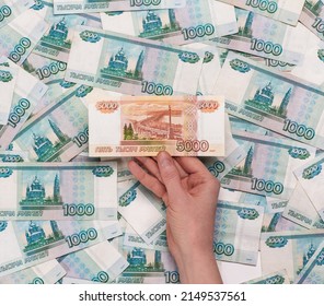 Russian Money Value Of Five Thousand Rubles Holding In Hand On R