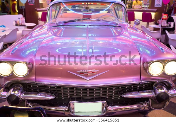RUSSIAN, MOSCOW - JAN 18,\
2015: Stylish appearance of old Cadillac in Beverly Hills Diner\
restaurant.