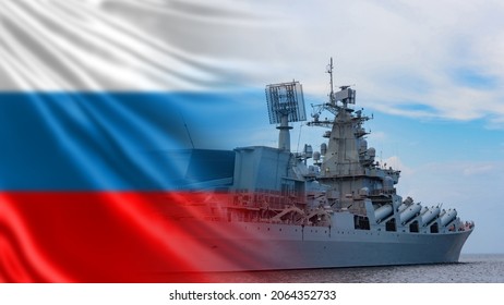 Russian Navy. Warship against background of Russian flag. Protection of maritime borders of state. Armed forces on water. Military ship of Russian Federation. Russia military cruiser