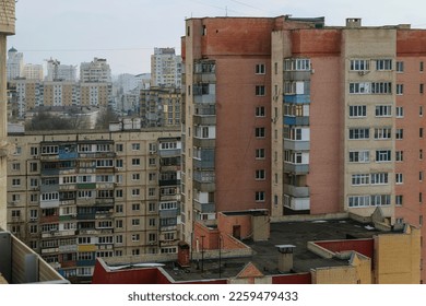 Russian old commieblock houses. Soviet period apartment blocks in Belgorod left-bank residential area.