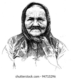 Russian old woman, Olonets province - an illustration from antique book "Russia, the full geographical description", Moscow, Russia, 1900. Artist A.P.