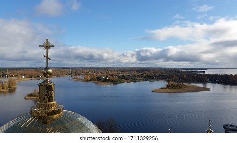 Russian Orthodox monastery in the north. Golden domes