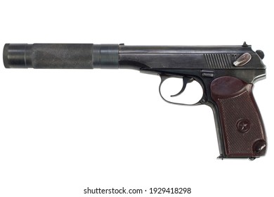 russian pistol with supressor (silencer) isolated on white background