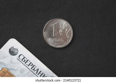 Russian ruble coin, Sberbank card