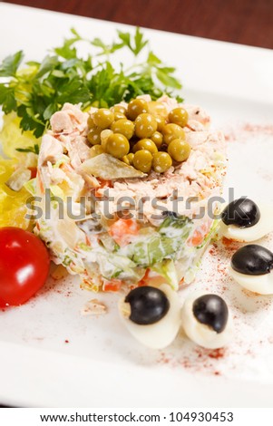 Similar – Traditional Russian salad in bowl. Olivier salad isolated