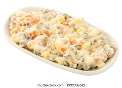 Russian Salad Appetizer (mezze) Isolated On A White Background. Healthy Vegan Food. Local Name Rus Salatası