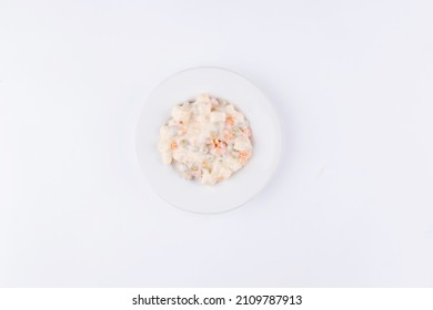 Russian Salad Appetizer (mezze) Isolated On A White Background. Healthy Vegan Food. Local Name Rus Salatası