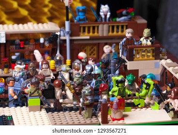 RUSSIAN, SAMARA - JANUARY 24, 2019. LEGO STAR WARS. Minifigures Bar Cantina Mos Eisley On Tatooine