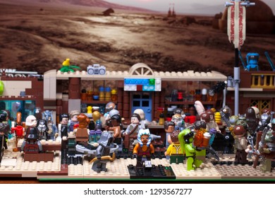 RUSSIAN, SAMARA - JANUARY 24, 2019. LEGO STAR WARS. Minifigures Bar Cantina Mos Eisley On Tatooine