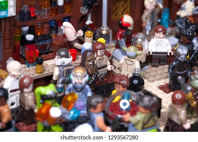 RUSSIAN, SAMARA - JANUARY 24, 2019. LEGO STAR WARS. Minifigures Bar Cantina Mos Eisley On Tatooine