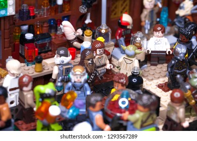 RUSSIAN, SAMARA - JANUARY 24, 2019. LEGO STAR WARS. Minifigures Bar Cantina Mos Eisley On Tatooine