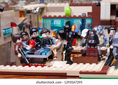 RUSSIAN, SAMARA - JANUARY 24, 2019. LEGO STAR WARS. Minifigures Bar Cantina Mos Eisley On Tatooine