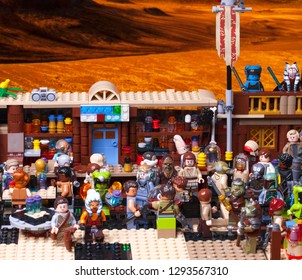 RUSSIAN, SAMARA - JANUARY 24, 2019. LEGO STAR WARS. Minifigures Bar Cantina Mos Eisley On Tatooine