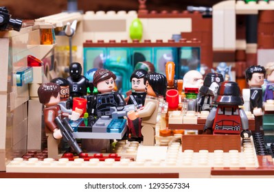 RUSSIAN, SAMARA - JANUARY 24, 2019. LEGO STAR WARS. Minifigures Bar Cantina Mos Eisley On Tatooine