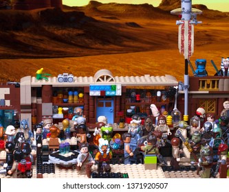 RUSSIAN, SAMARA - JANUARY 24, 2019. LEGO STAR WARS. Minifigures Bar Cantina Mos Eisley On Tatooine