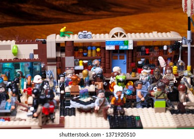 RUSSIAN, SAMARA - JANUARY 24, 2019. LEGO STAR WARS. Minifigures Bar Cantina Mos Eisley On Tatooine