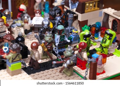 RUSSIAN, SAMARA - JANUARY 24, 2019. LEGO STAR WARS. Minifigures Bar Cantina Mos Eisley On Tatooine