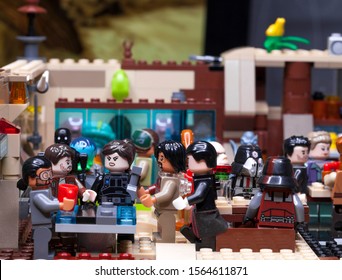 RUSSIAN, SAMARA - JANUARY 24, 2019. LEGO STAR WARS. Minifigures Bar Cantina Mos Eisley On Tatooine