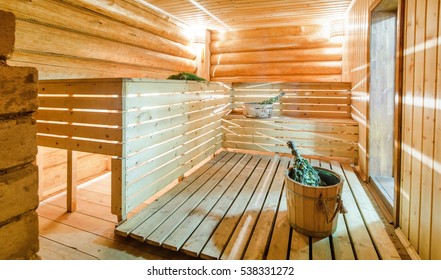 Russian Sauna Banya With Water And Birch Broom