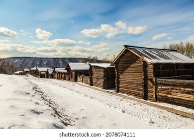 Russian Siberian Village With Traditional Ancient Wooden Houses. Irkutsk Region, Eastern Siberia, Taltsy