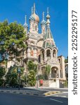 Russian style Orthodox Church in Sanremo, a city and comune on the mediterranean coast of Liguria in northwestern Italy