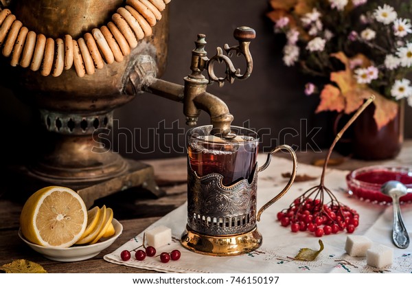 Russian Tea from Samovar, A Glass in Glass
Holder, Black Tea with Viburnum
Berries