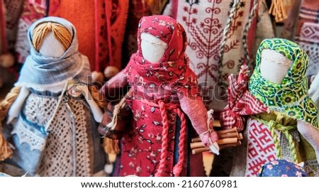 Russian traditional faceless rag dolls - amulets associated with slavic pagan traditions, as handmade souvenirs or gifts.Close-up