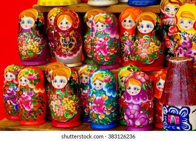 Russian traditional Matryoshka souvenirs at the fair