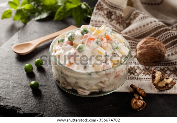 Russian traditional salad with decoration