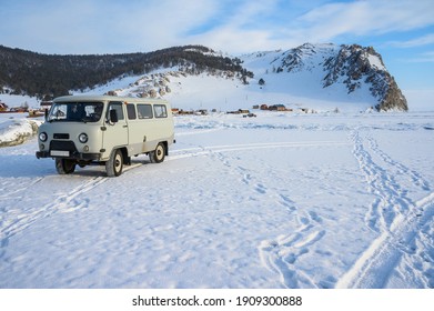 The Russian UAZ van parking nearly Uzury village in the Olkhonsky District of Irkutsk region of Russia. Russian UAZ is popular vehicle for ruggedness in the harsh environs of Russia.