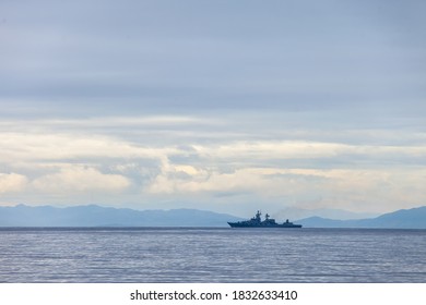 Russian Warship At Sea. Pacific Ocean