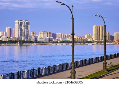 Russian-Chinese Border Along The Amur River. View From The Embankment Of The City Of Blagoveshchensk, Russia To The City Of Heihe, China. Increased Water Level In Summer 2021. Flood Threat. At Dawn.