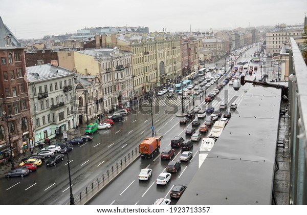 Russia,Saint\
Petersburg-November,2020 Russia. City rooftops, panoramic view of\
Ligovsky prospect. High quality\
photo