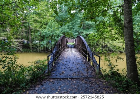 a rust colored iron bridge covered in fallen leaves over the brown waters of the Chattahoochee river surrounded by lush green and autumn colored trees at Cochran Shoals Trail in Marietta Georgia USA	